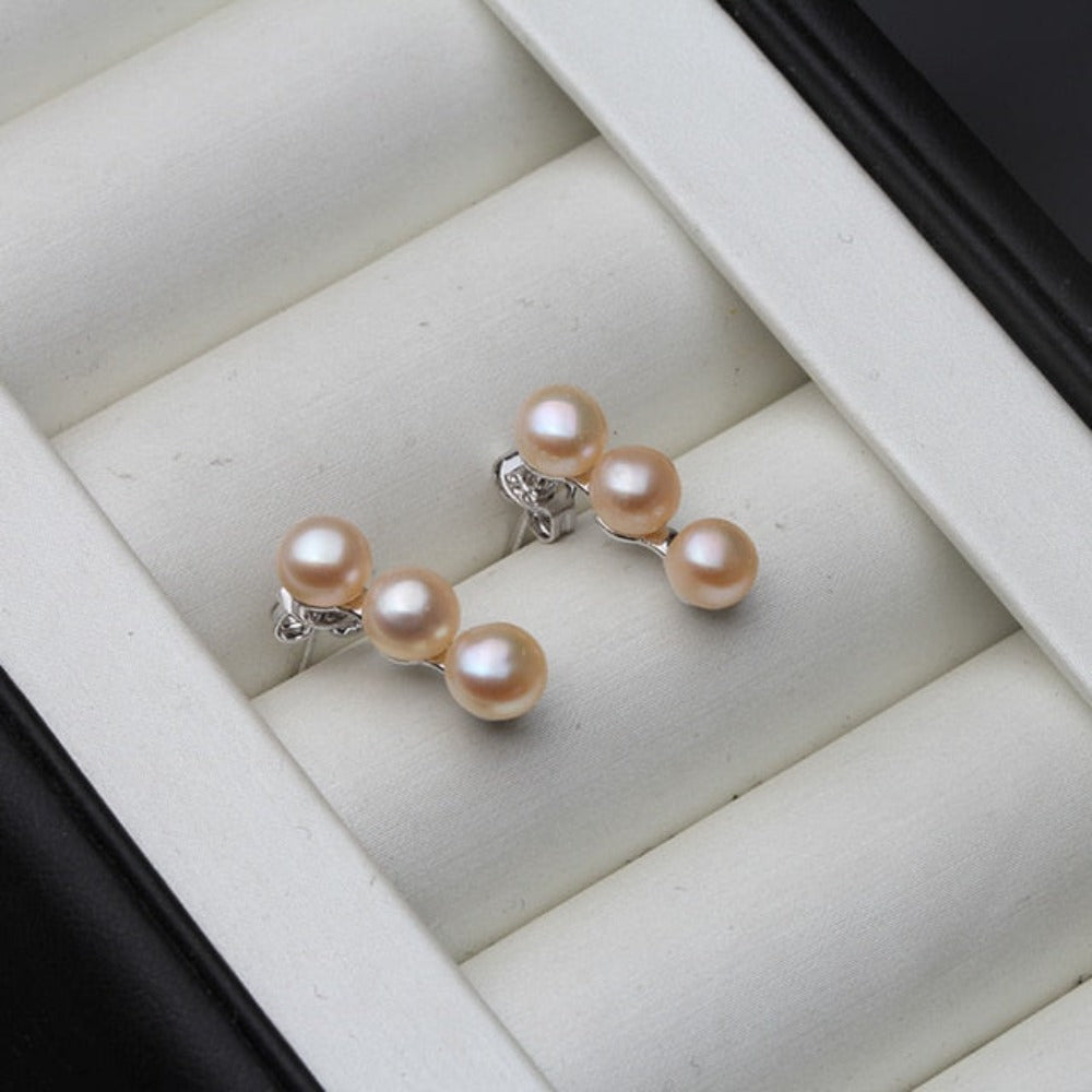 Genuine Freshwater Pearl Triple Drop Stud Earrings-2
